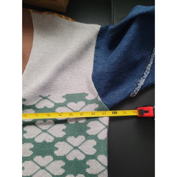 Ces Femme Knit Patchwork Denim Sleeve Oversized Cardigan Sz S Artsy Retro Boho - Picture 5 of 8